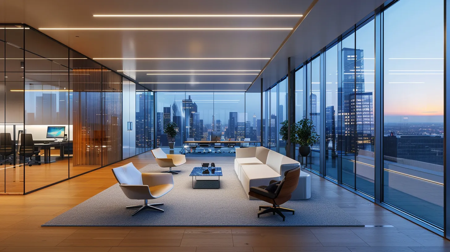 a sleek, modern office bathed in dramatic artificial lighting features an expansive glass wall showcasing a vibrant city skyline, emphasizing innovation and productivity in a fast-paced urban environment.