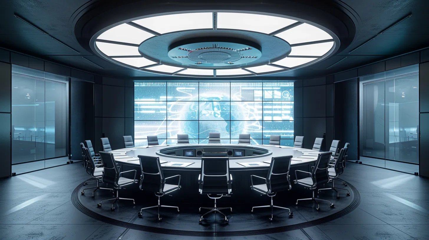 a sleek, modern office conference room featuring a large, intricately designed round table surrounded by high-backed chairs, illuminated by dynamic overhead lighting that highlights a central digital display showcasing innovative data visualization.