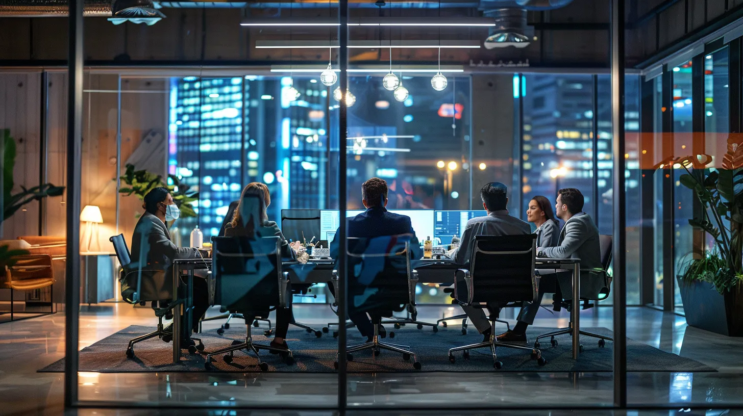 a sleek, modern office filled with dynamic professionals engaged in a vibrant brainstorming session, illuminated by soft, ambient lighting that enhances the atmosphere of creativity and collaboration.