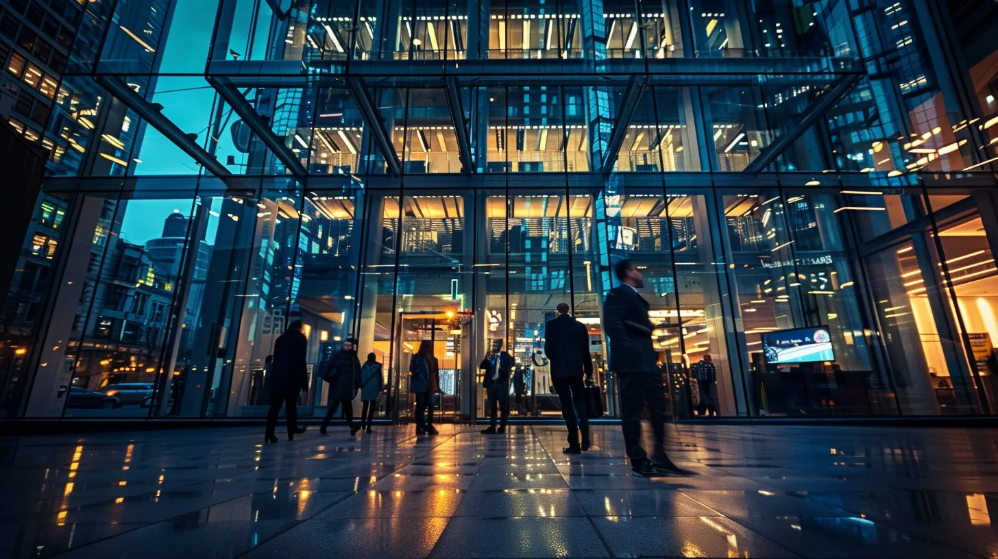 a sleek, modern office space showcases a charismatic leader confidently presenting dynamic market trends on a large interactive screen, with an engaged team gathered around a polished conference table, illuminated by soft overhead lighting.