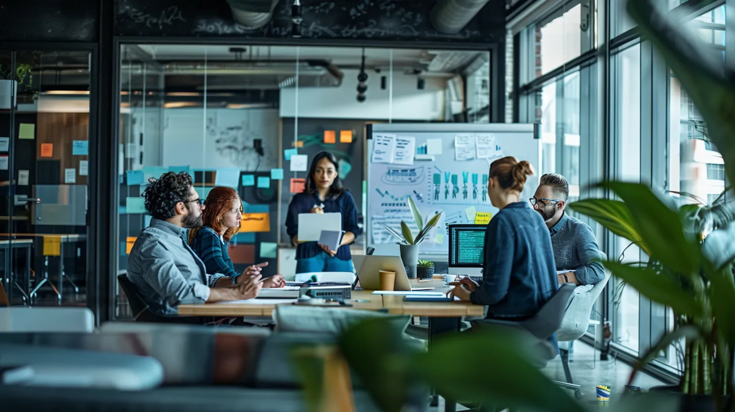 a sleek, modern office space filled with vibrant, innovative technology, showcasing a dynamic brainstorming session among diverse professionals engaged in animated discussion around a futuristic digital whiteboard.