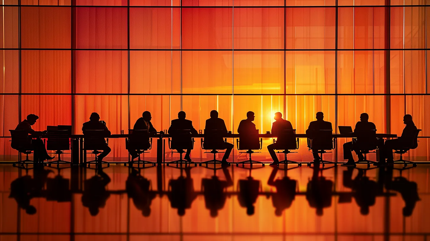 a sleek, modern office space bathed in warm, ambient light showcases a diverse group of professionals engaged in an animated brainstorming session around a stylish conference table, reflecting innovation and collaboration.