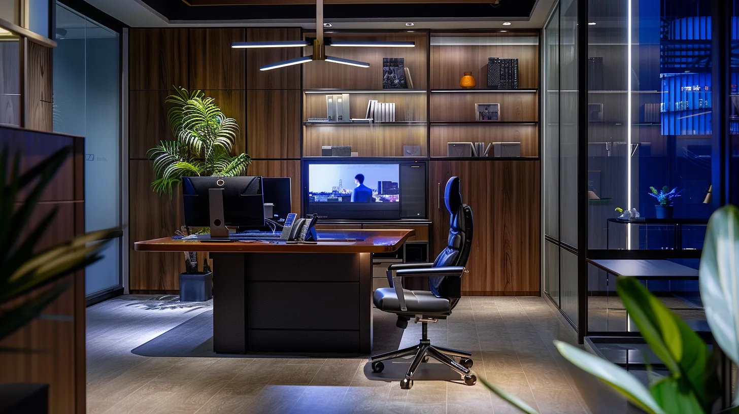 a sleek, modern office space showcases a well-organized desk with sophisticated technology, brightened by sharp, ambient lighting that enhances the professional atmosphere.