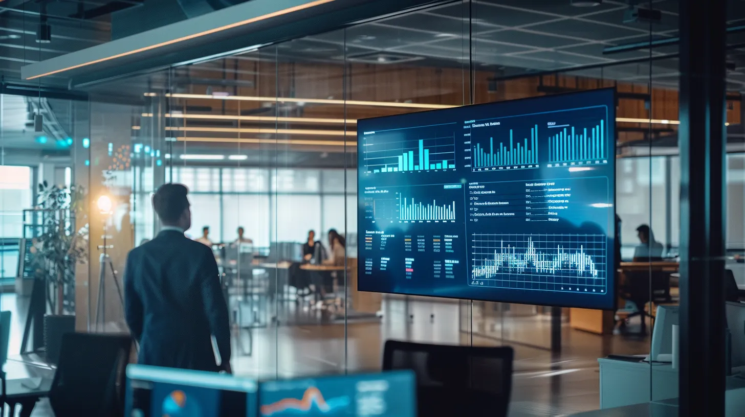 a sleek, modern office space with glowing screens displaying dynamic data analytics, highlighting a vibrant atmosphere of innovation and collaboration amid a diverse group of focused professionals.