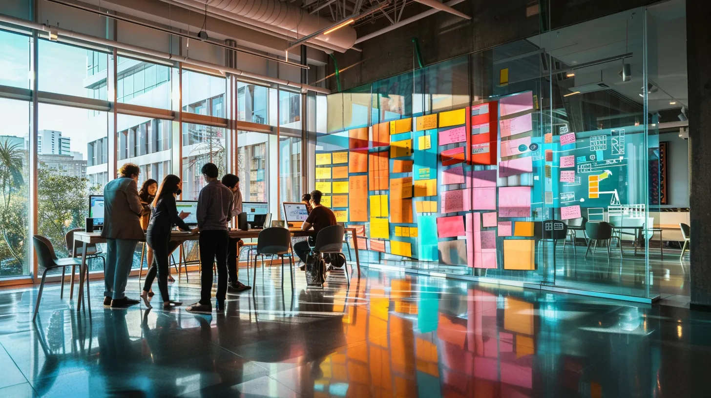 a sleek, modern office with floor-to-ceiling windows showcases a dynamic team engaged in a vibrant brainstorming session, surrounded by colorful sticky notes and digital screens displaying innovative ideas.