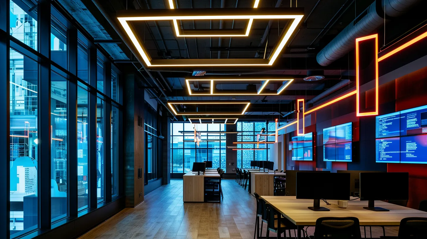 a sleek, modern office with high-tech screens displaying intricate data visualizations casts a dramatic glow from overhead led lighting, emphasizing a focused atmosphere of innovation and productivity.