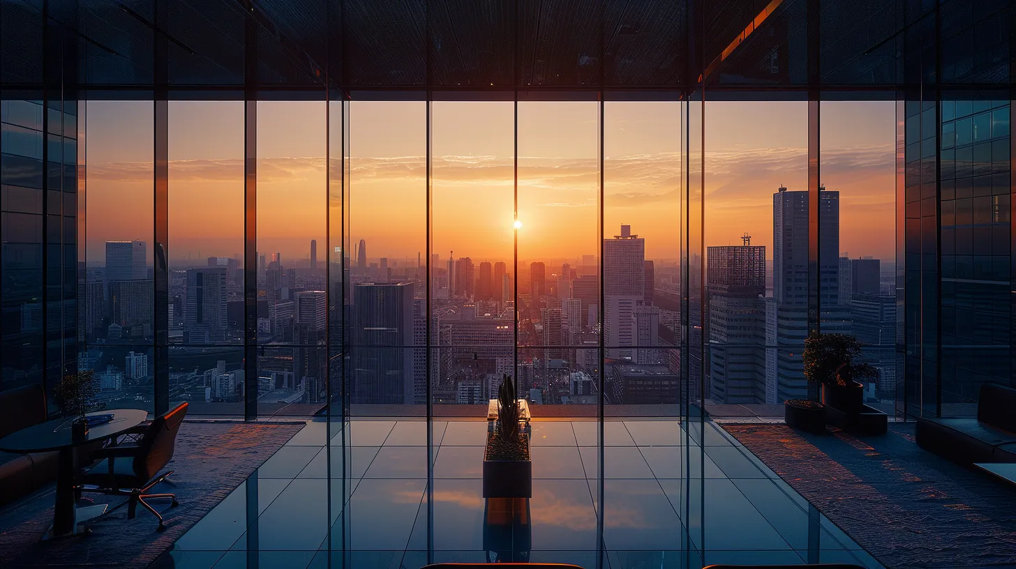 a sleek, modern office with an expansive glass wall revealing a bustling urban skyline, bathed in the warm glow of sunset, creates an atmosphere of ambition and innovation.