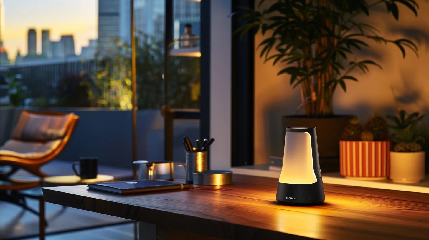 a sleek, modern office workspace features a polished wooden desk piled with high-tech gadgets, illuminated by the soft glow of a strategically placed desk lamp, creating an atmosphere of innovation and productivity.