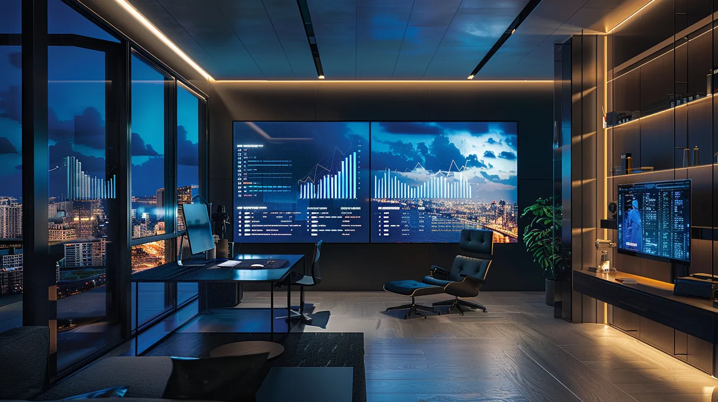 a sleek, modern office workspace features a large digital screen displaying dynamic data visuals, with a minimalist desk illuminated by cool artificial lighting, emphasizing a high-tech business environment.