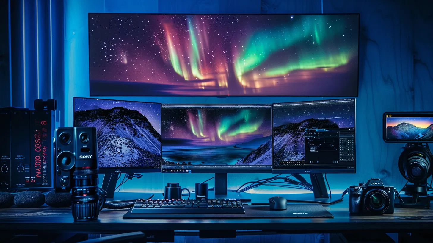 a sophisticated photography workspace features an advanced camera setup with precise settings displayed on a sleek monitor, framed by a stunning digital representation of the northern lights illuminating a star-studded sky, conveying the essence of capturing night sky photography at its finest.