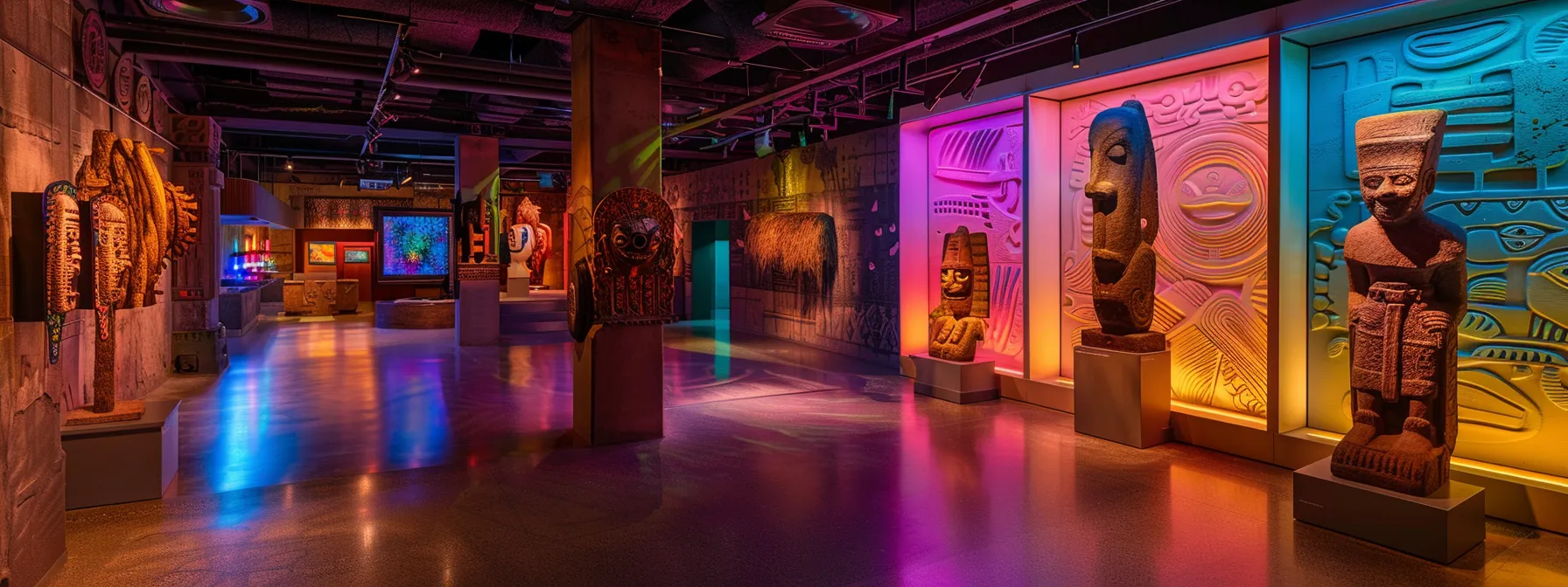 a vibrant, artistic interpretation of a bustling urban gallery showcasing various cultural artifacts inspired by auroras, illuminated under dynamic lighting, contrasting modern sculptures with ancient artifacts that reflect their rich myths and significance.