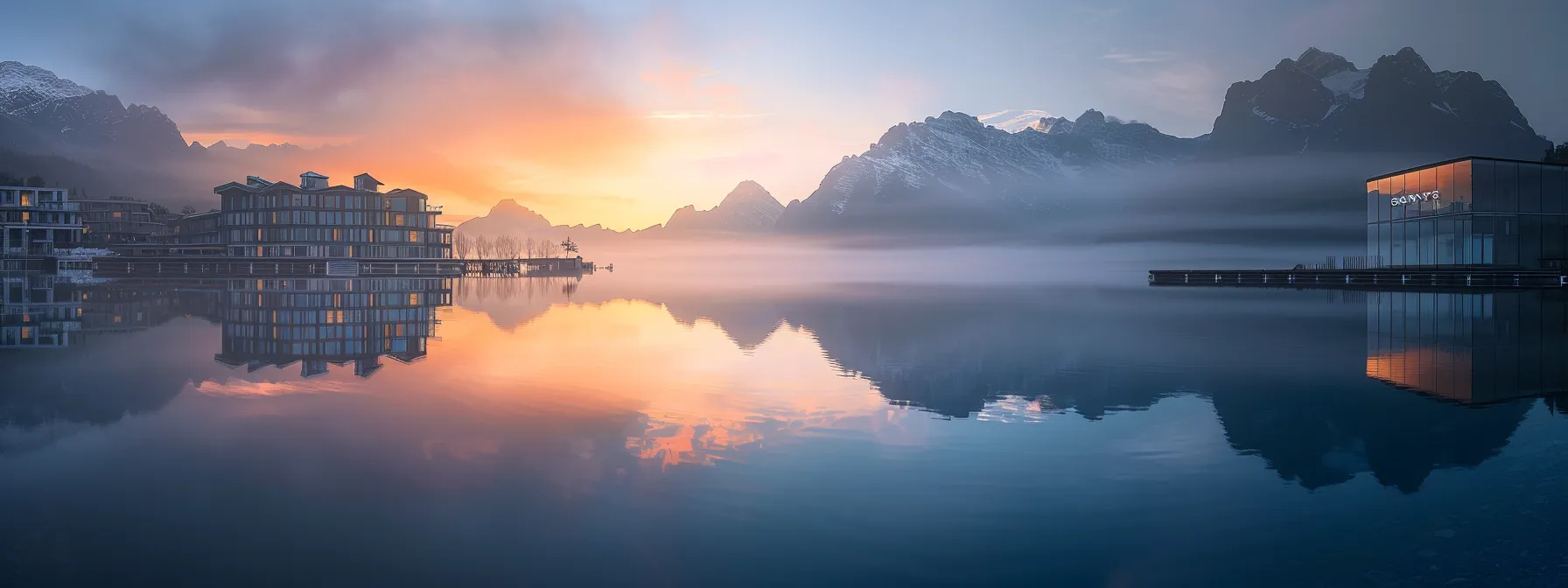 a vibrant, golden sunrise casts a warm glow over a serene lake surrounded by misty mountains, reflecting the vivid colors of a new day.