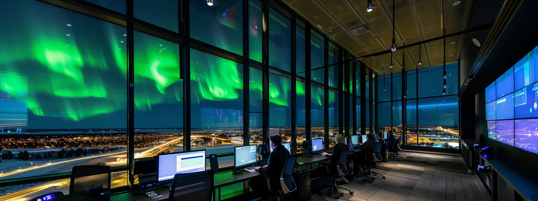 a vibrant night sky filled with the mesmerizing hues of the northern lights, framed by a modern office setting with professionals engaged in animated discussions about aurora forecasting techniques and sharing resources on large screens.