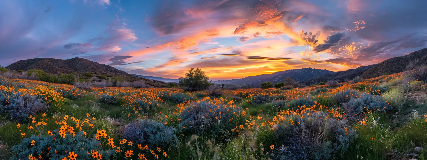 a vibrant sunrise casts a warm golden hue over a serene landscape dotted with wildflowers, creating a tranquil atmosphere that embodies the beauty of nature awakening.
