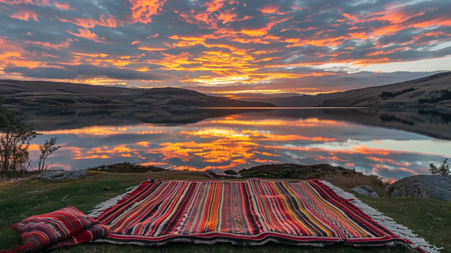 a vibrant sunrise casts a golden glow over a tranquil lake, reflecting the rich hues of an expansive sky dotted with soft, fluffy clouds.