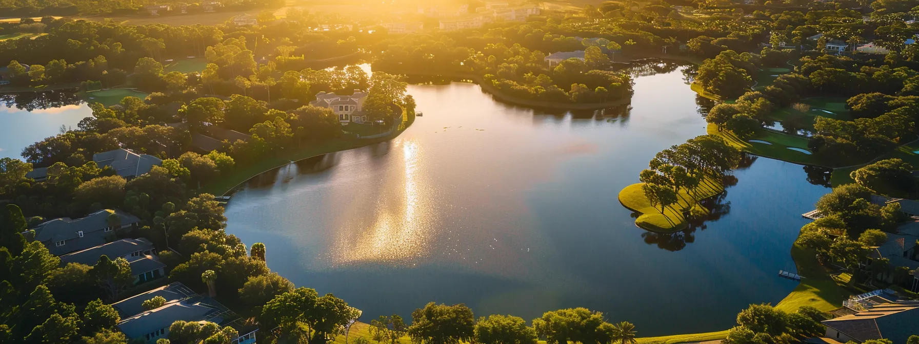 a vibrant sunset casts golden hues over a tranquil lake, surrounded by lush greenery, creating a serene atmosphere that invites contemplation and peace.