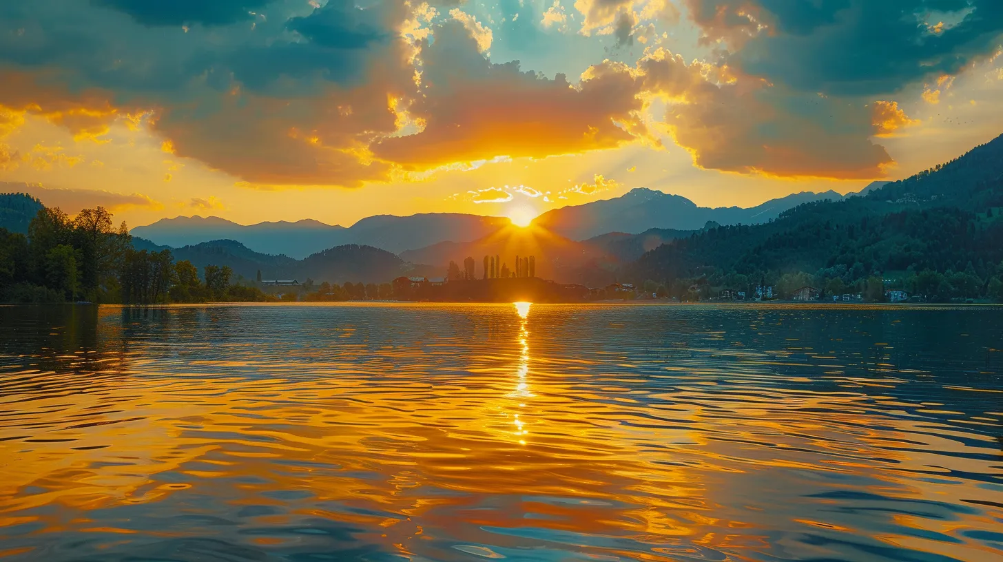 a vibrant sunset casts golden hues across a tranquil lake, reflecting the silhouettes of majestic mountains in the distance, evoking a sense of serene beauty.