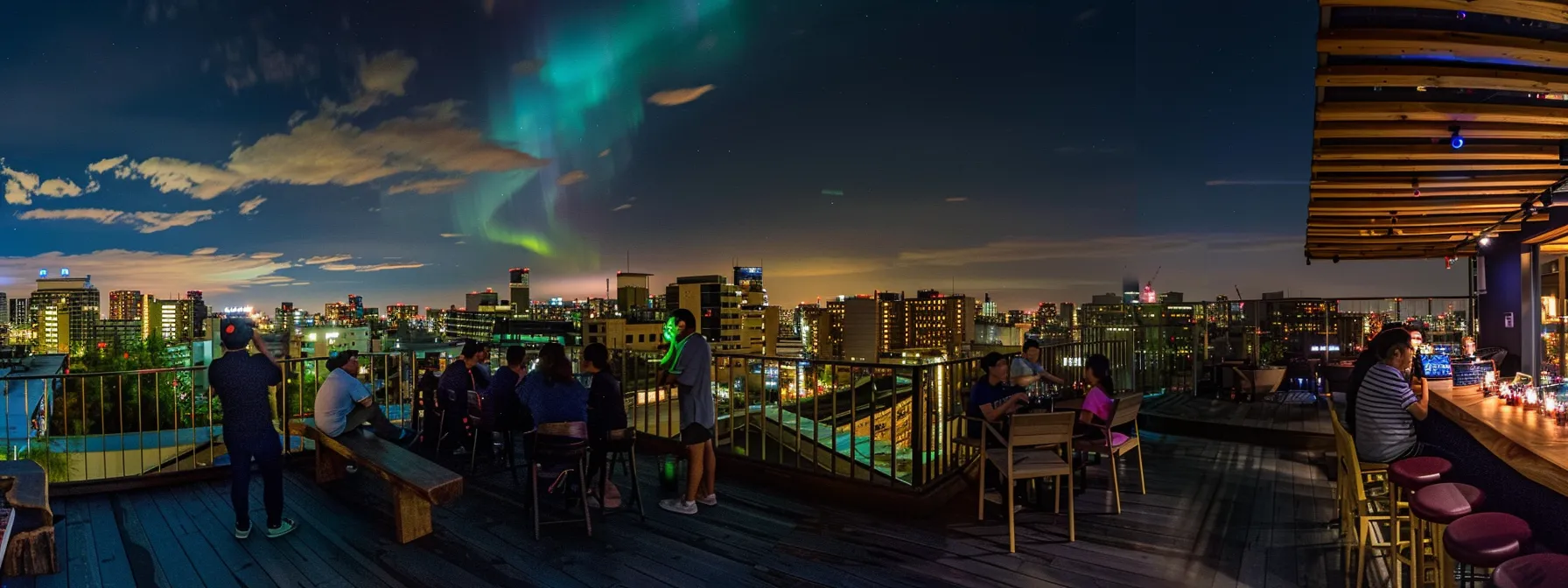 a vibrant urban rooftop terrace at night, illuminated by the dazzling hues of auroral displays overhead, creating a striking contrast against the city skyline, with tourists eagerly gazing upwards in awe.