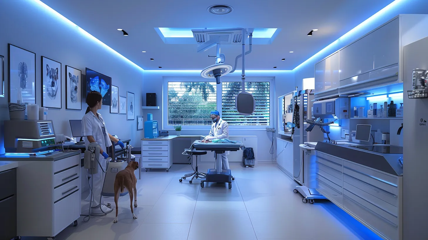 a vibrant veterinary clinic scene showcasing a compassionate veterinarian examining a healthy, attentive dog, surrounded by modern medical equipment, creating a sense of trust and care in a clean, professional environment.