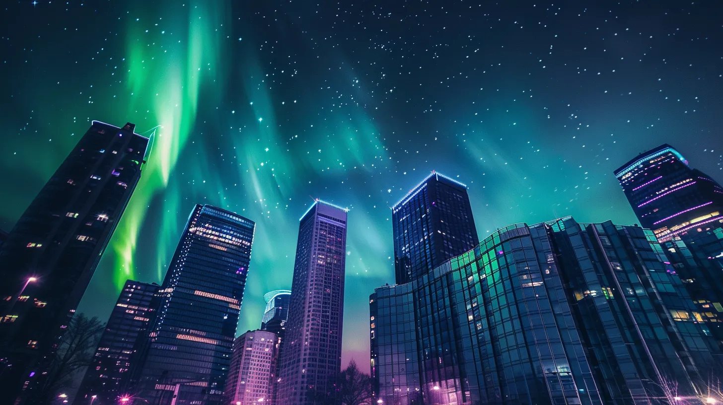 an awe-inspiring display of the northern lights illuminates a darkened urban skyline in the uk, casting vibrant hues of green and purple across modern buildings and reflecting in glass surfaces.