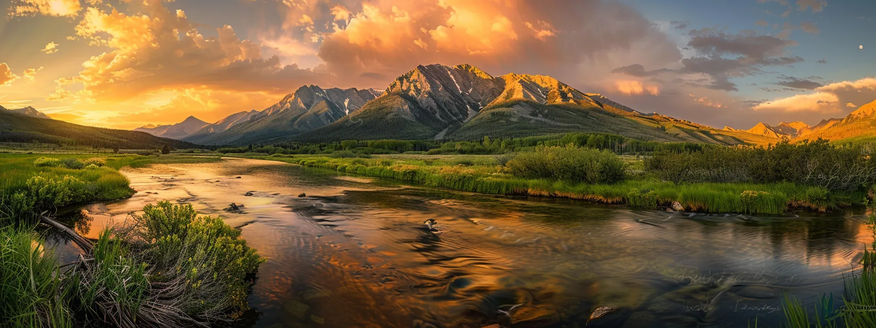 ein leuchtender sonnenuntergang taucht die majestätischen berge in warmes gold und tiefes orange, während ein klarer fluss sanft im vordergrund strömt.