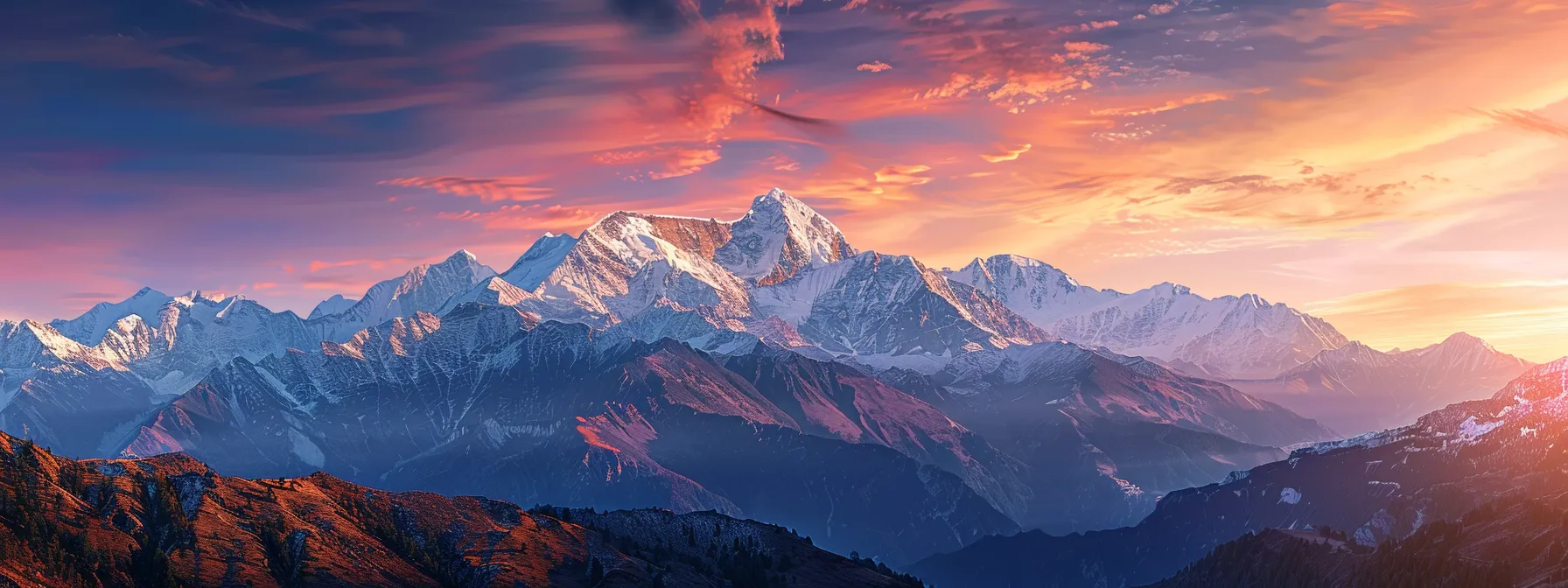 eine majestätische berglandschaft bei sonnenuntergang, in der die warmen farben des himmels über schneebedeckten gipfeln reflektieren und eine friedliche atmosphäre schaffen.