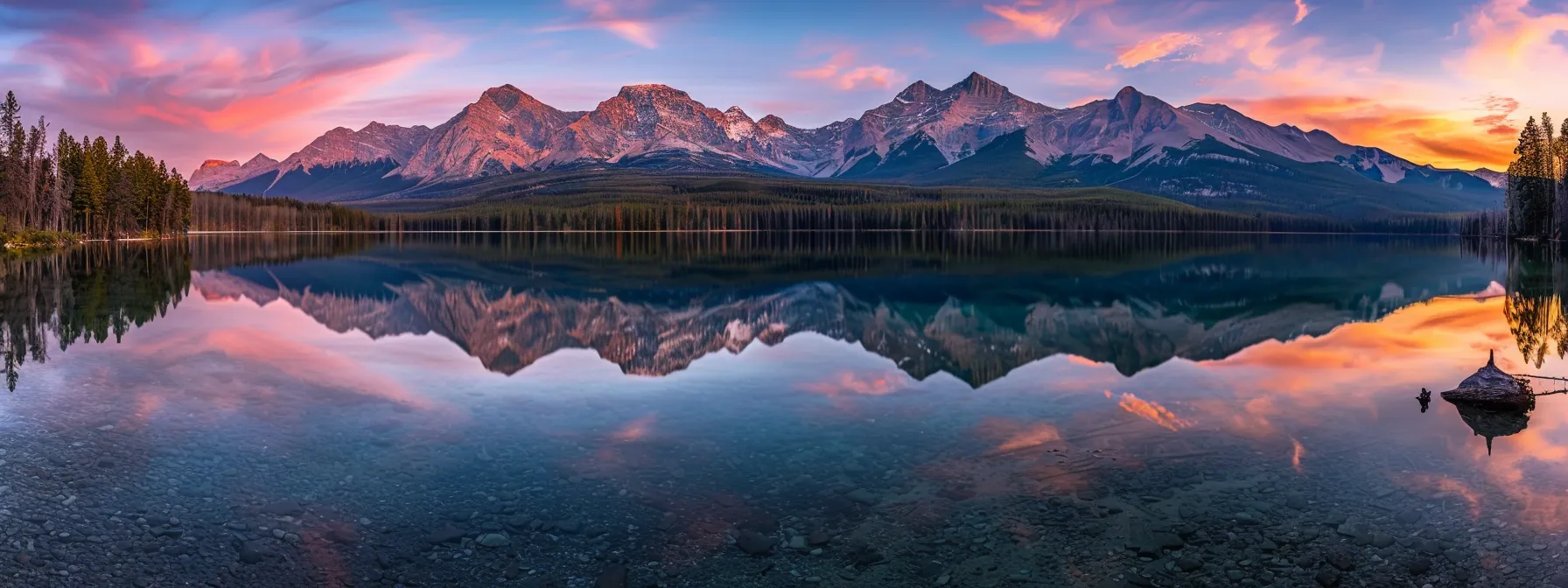 ein majestätischer sonnenuntergang über einem klaren bergsee, dessen ruhige oberfläche die leuchtenden farben des himmels reflektiert und die umgebenden gipfel in warmes licht taucht.
