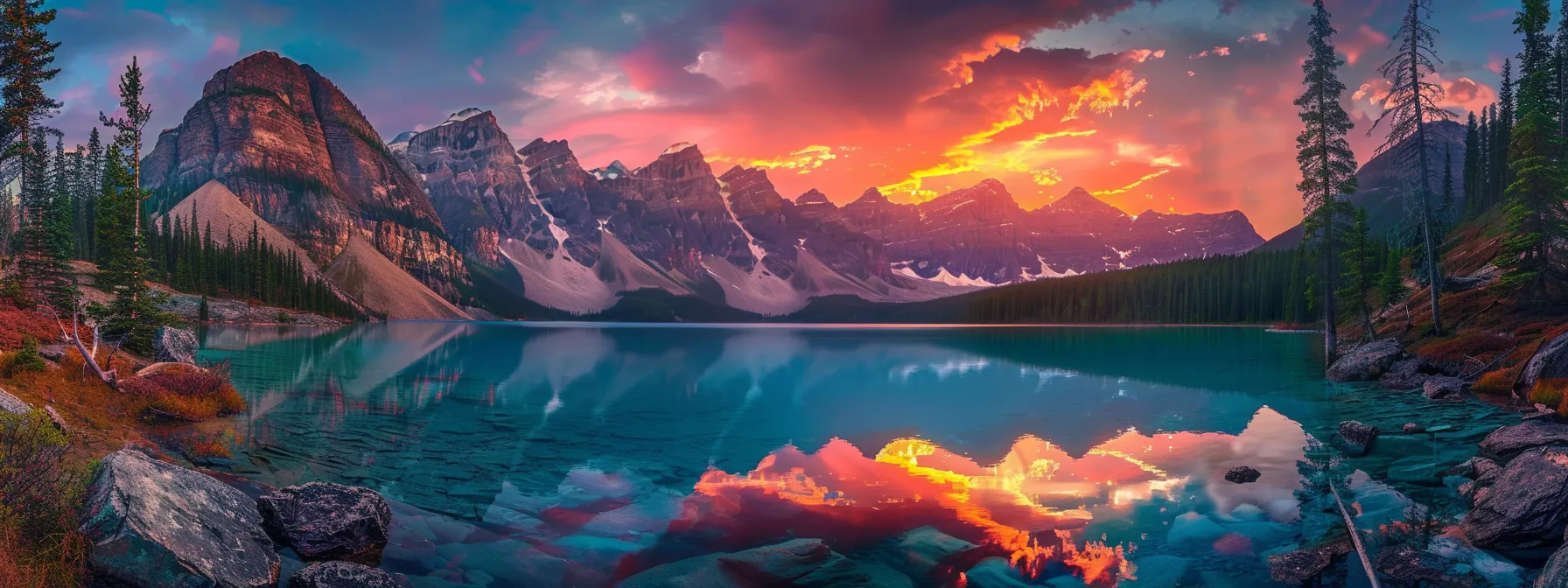 ein majestätischer sonnenuntergang über einem ruhigen bergsee, wo die lebendigen farben des himmels sich im glatten wasser spiegeln und eine friedliche atmosphäre schaffen.