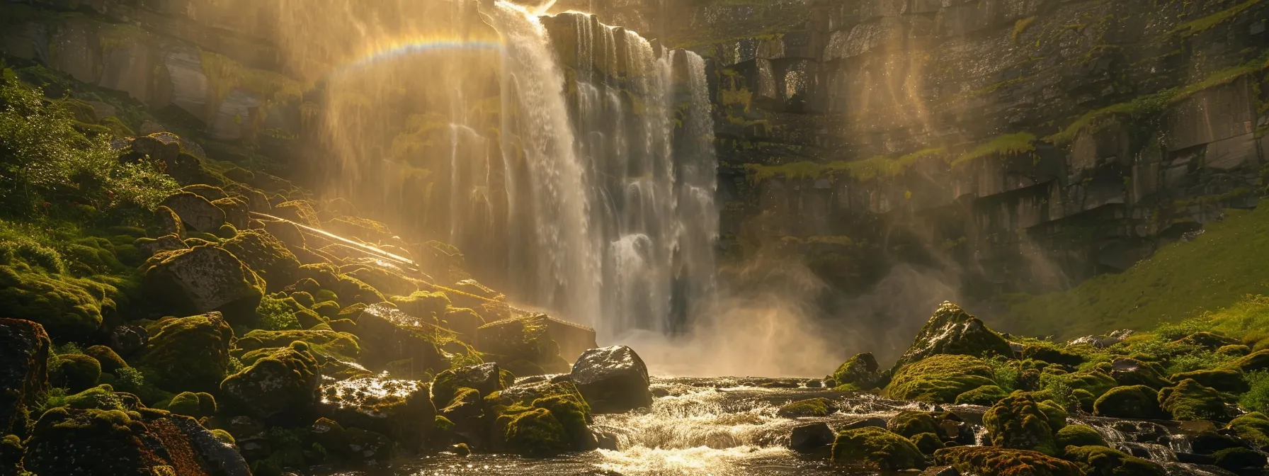 ein majestätischer wasserfall stürzt imposant über moosbedeckte felsen, während die sanften strahlen der abendsonne glitzernde regenbögen im sprühenden nebel erzeugen.