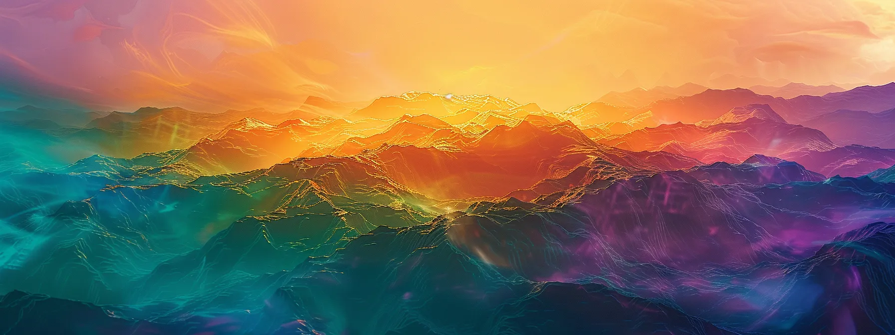 eine malerische berglandschaft bei sonnenuntergang, in der warme goldene lichtstrahlen die majestätischen gipfel und das sanfte grün der täler erleuchten, während der himmel in lebhaftem orange und lila erstrahlt.