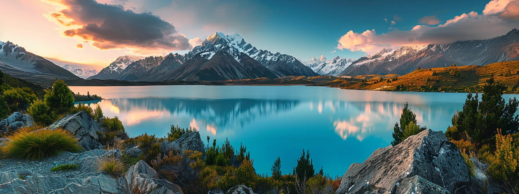 ein strahlend blauer see umgeben von majestätischen bergen, in dem sich die schneebedeckten gipfel spiegeln, während der goldene sonnenuntergang eine warmes licht über die friedliche landschaft legt.
