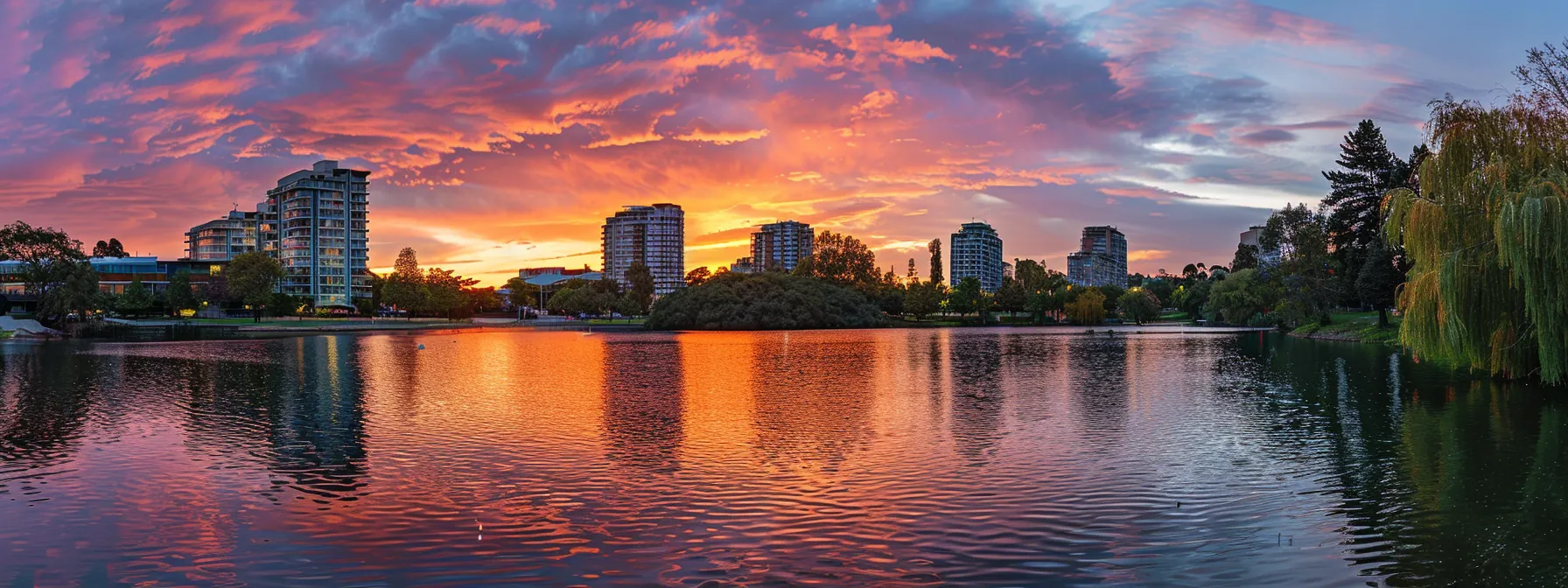 ein strahlender sonnenuntergang über einem ruhigen see, dessen glatte oberfläche die leuchtenden farben des himmels widerspiegelt und eine friedliche atmosphäre vermittelt.