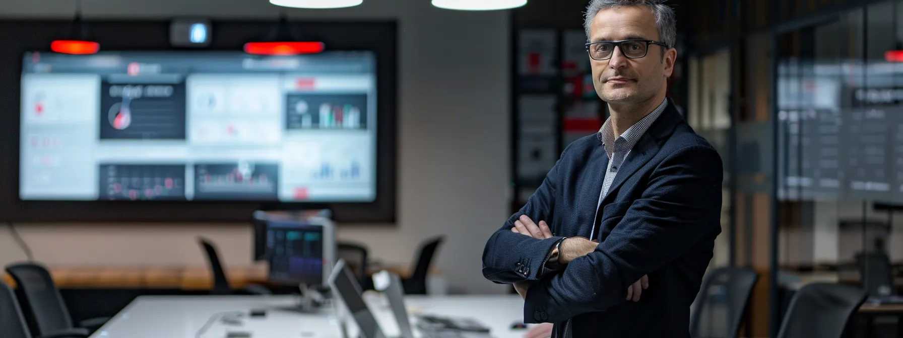 a confident business professional stands in a modern office, engaging in a dynamic discussion with colleagues around a sleek conference table, showcasing various digital strategies on a large screen to establish authority and attract customers.