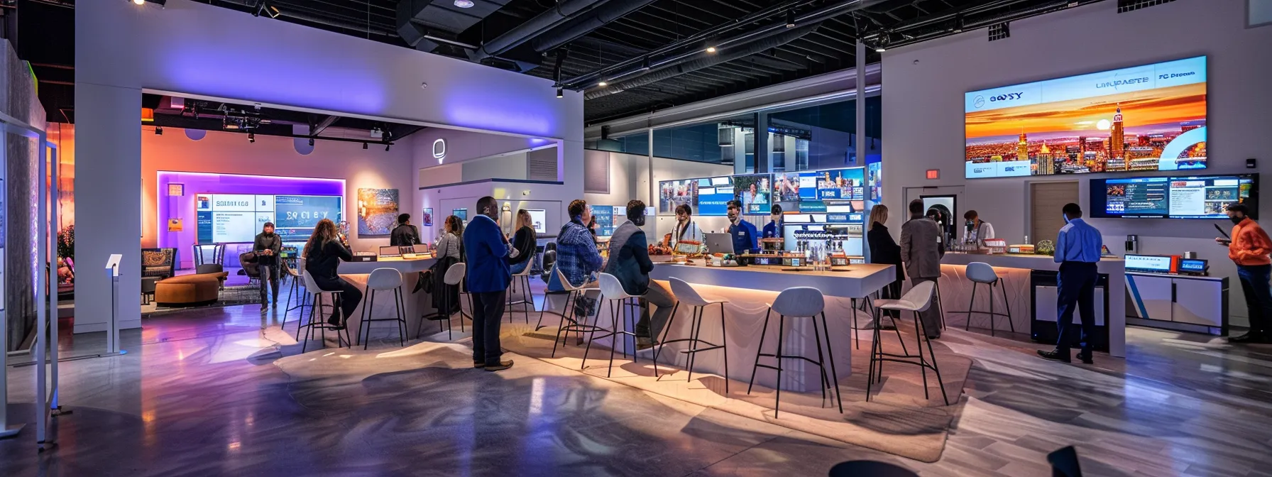 a dynamic conference room filled with industry professionals engaged in spirited discussion, highlighted by vibrant multimedia presentations and a backdrop of modern technology, embodying the essence of collaboration and authentic networking in a corporate setting.