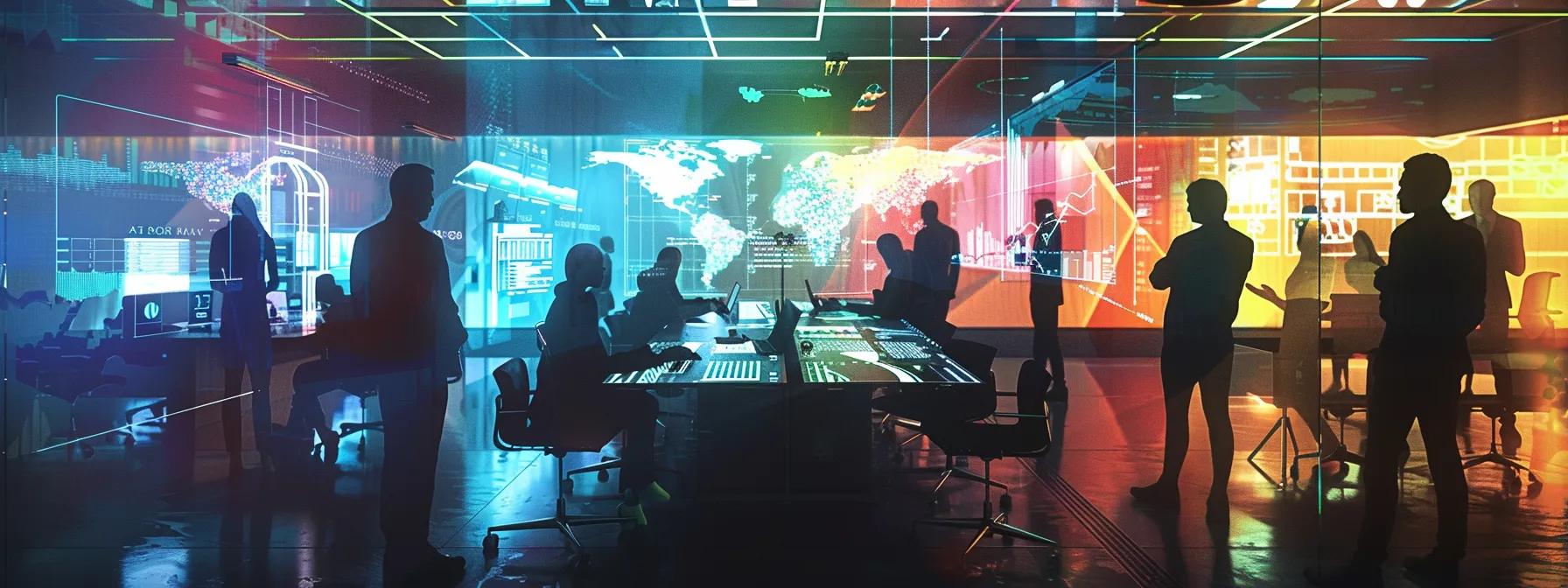 a dynamic office environment featuring a diverse team collaborating around a sleek conference table, with digital screens displaying project timelines and workflow specifications, illuminated by bright, focused lighting to emphasize productivity and teamwork.