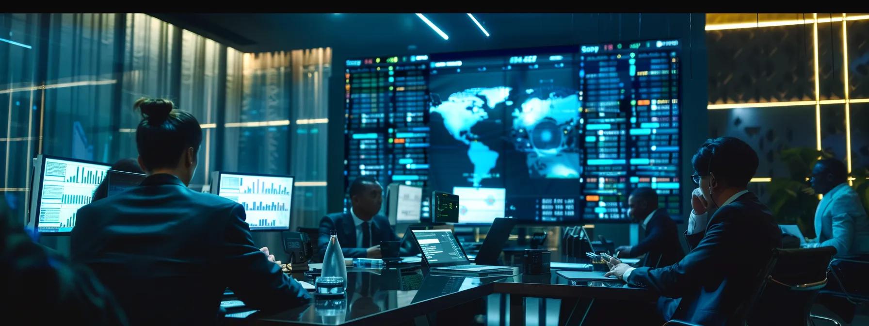 a dynamic office scene featuring a diverse team of professionals analyzing digital dashboards displaying fluctuating fuel surcharge data and diesel prices, with sleek laptops and analytical tools strategically positioned around a modern conference table.