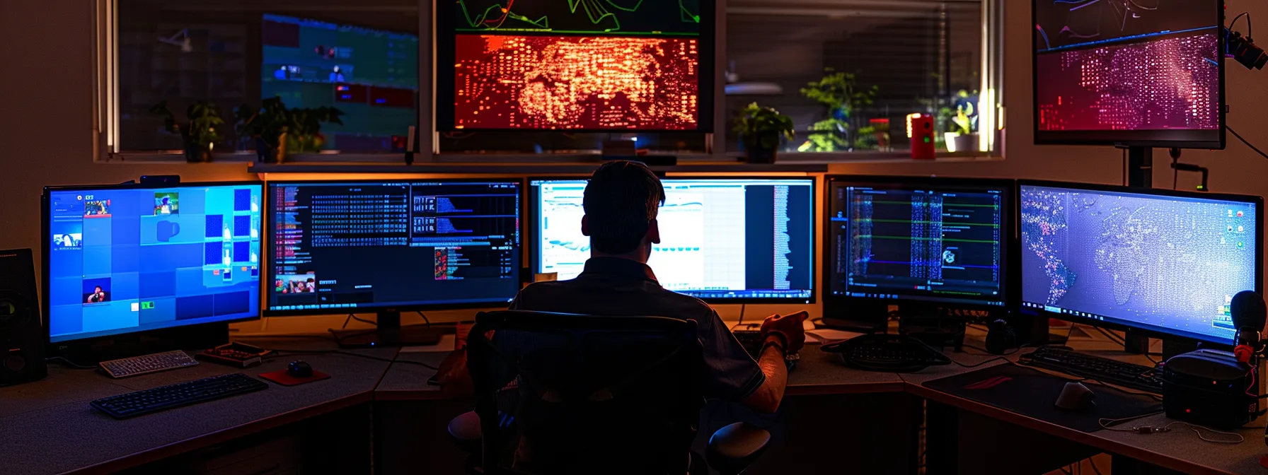 a focused software developer intently reviews complex api testing results on multiple high-resolution monitors in a modern office, illuminated by ambient lighting that emphasizes the importance of meticulousness and security in the development process.