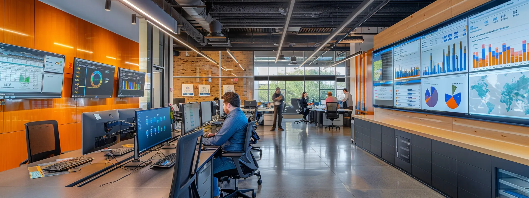 a high-tech office filled with dual-screen workstations, showcasing an engineer analyzing api testing metrics on dynamic dashboards, with vibrant charts illuminated under sleek, modern lighting, emphasizing the integration of automation strategies in software development.