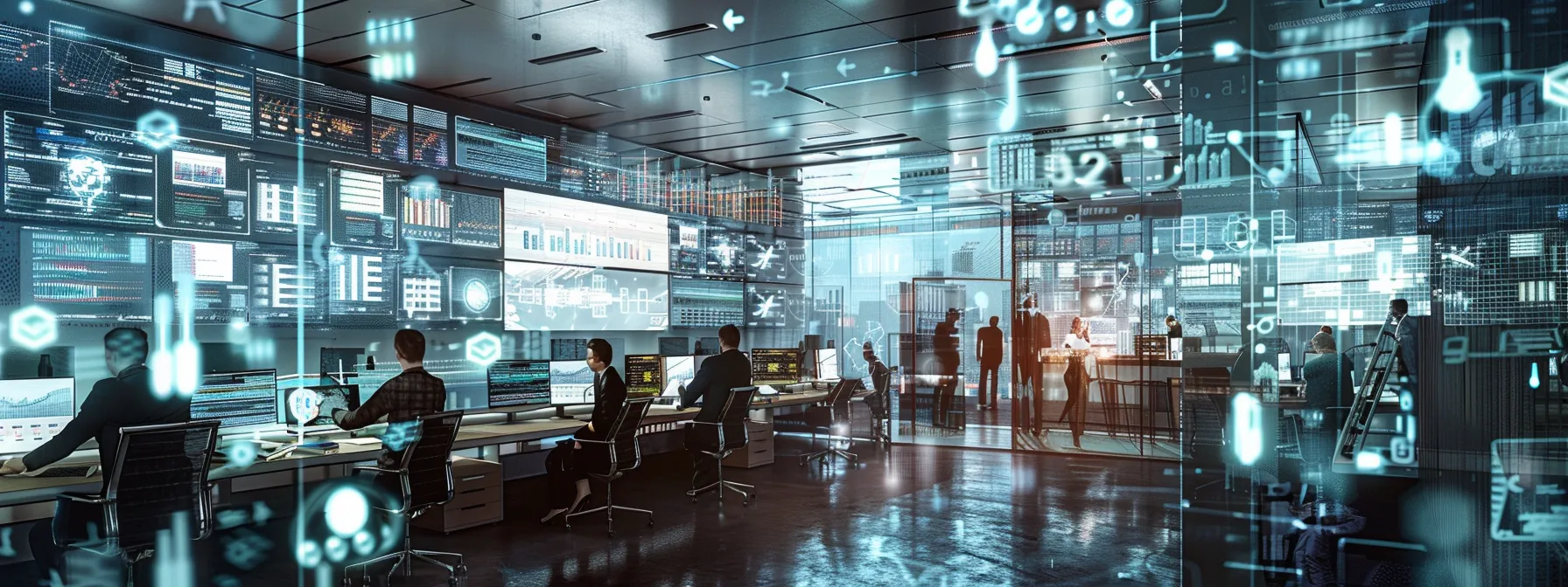 a modern office cubicle bustling with professionals collaborating over screens filled with complex api testing data, showcasing their focus on automation and security measures in a high-tech environment.