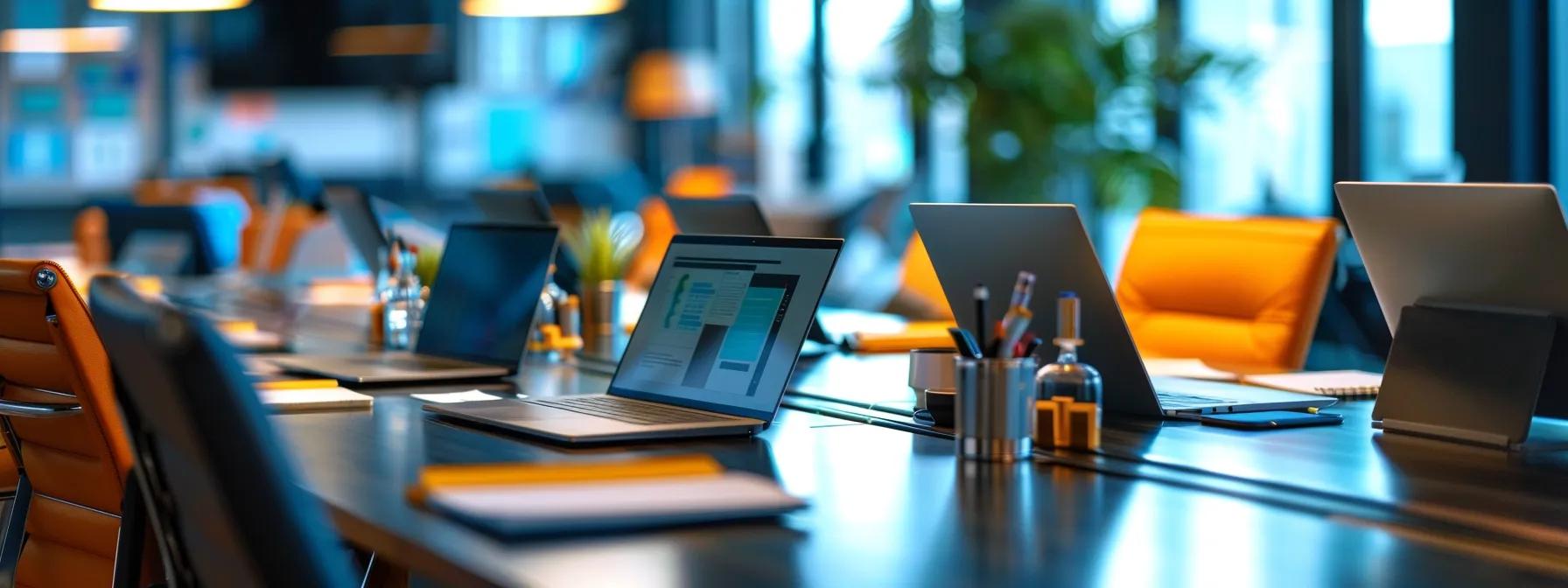 a modern office space with a sleek conference table set up for a team brainstorming session, featuring open laptops, notebooks, and digital screens displaying content guidelines and seo strategies, all under bright, focused lighting that emphasizes collaboration and professionalism.
