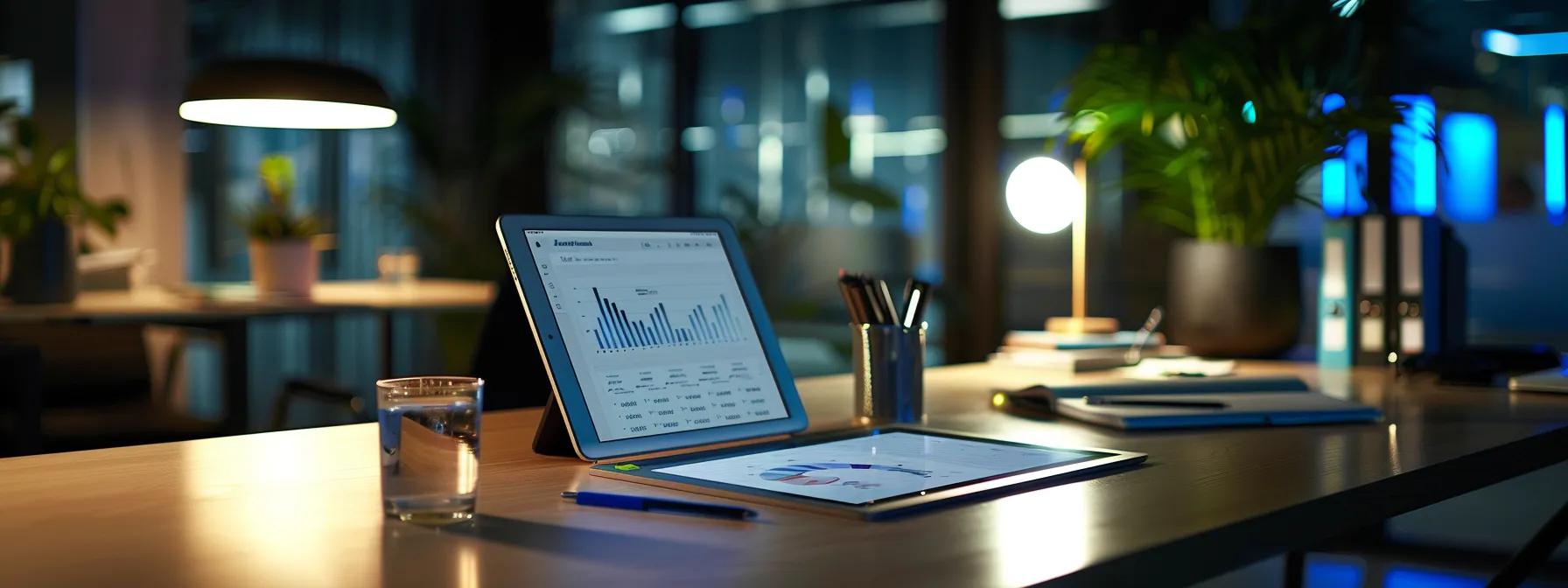 a modern office workspace features a sleek, streamlined desk adorned with a vibrant content brief template displayed on a digital tablet, illuminated by soft, focused lighting that highlights a collaborative atmosphere among creative team members engaged in dynamic discussion.