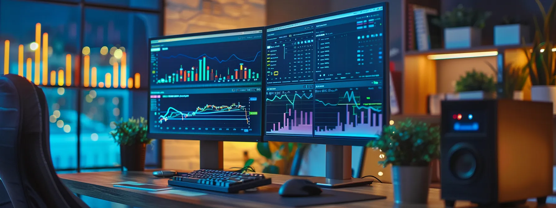 a modern office workspace features a sleek computer setup displaying a dynamic graphical user interface for api testing, with vibrant charts and graphs illuminating the screen, underscoring the critical evaluation process of web apis.