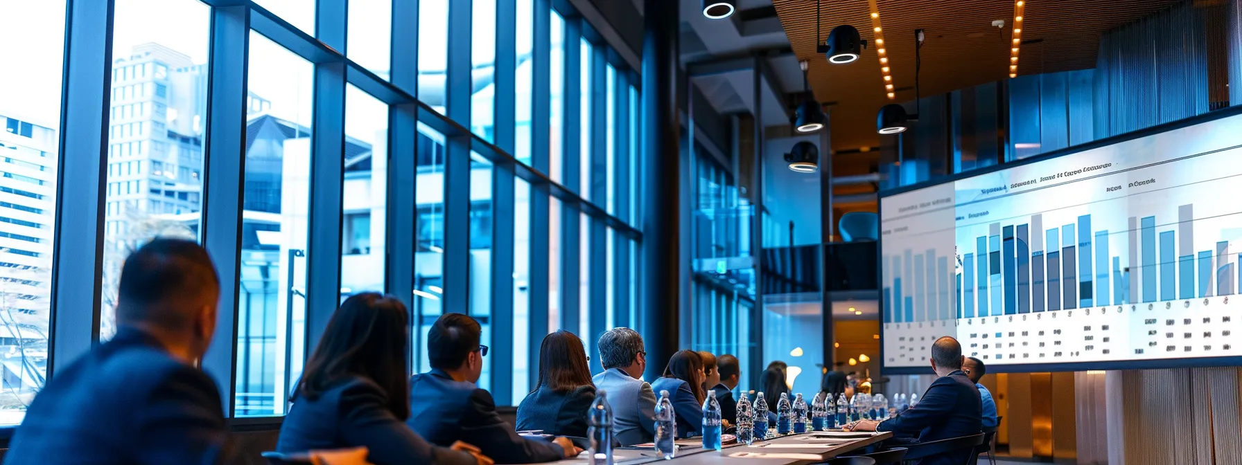 a sleek conference room filled with diverse professionals engaged in a dynamic presentation, showcasing impactful case studies on a large screen, illuminated by focused spotlights that accentuate the graphs and measurable results.