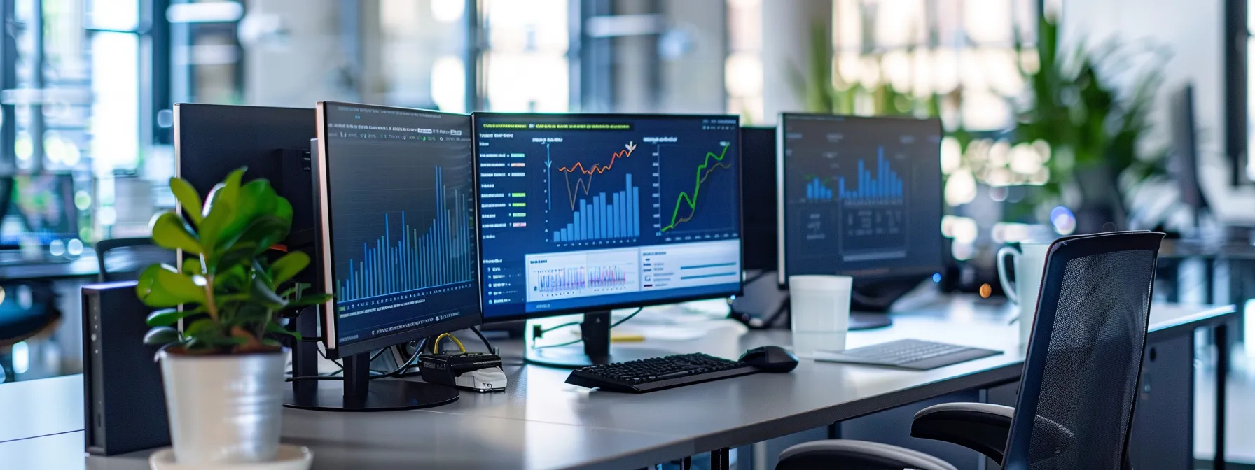 a sleek, high-tech office space filled with multiple computer monitors displaying vibrant graphs and metrics, illustrating the dynamic monitoring of api performance in real-time alongside advanced test automation tools.