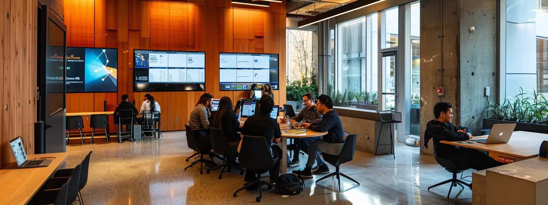 a sleek, modern office environment showcases a diverse team of developers engaging with multiple screens displaying api testing analytics and performance metrics, emphasizing collaboration in enhancing digital solutions for various industries.