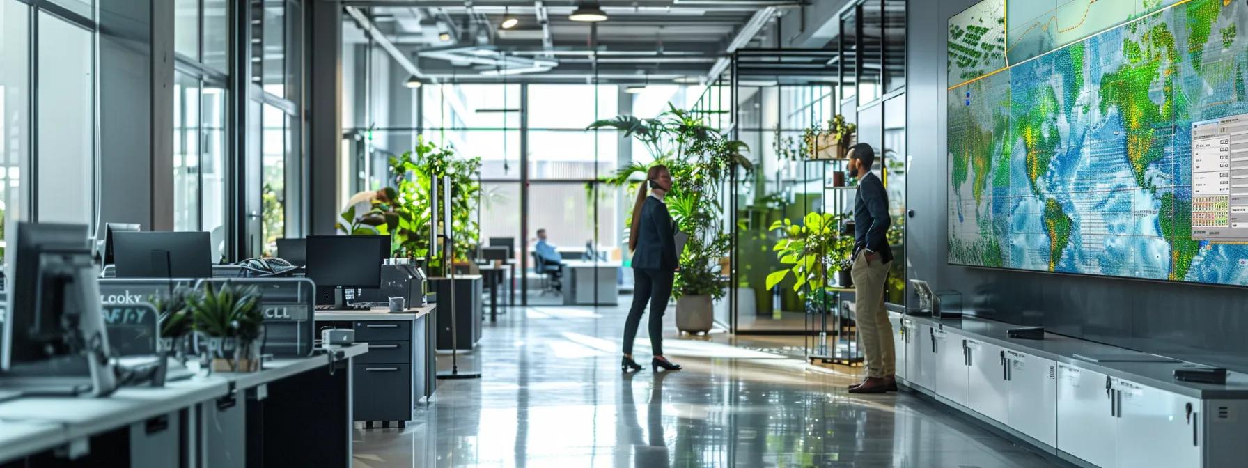 a sleek, modern office environment features a large digital display showcasing a vibrant, detailed delivery zone map with distinct pricing tiers, while a focused logistics manager analyzes shipping costs using a digital tablet, emphasizing the intricacies of courier distance and regional pricing strategies.