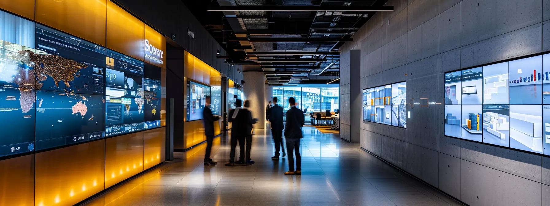 a sleek, modern office environment featuring a digital display board showcasing various shipping options and their costs, with professionals engaged in discussions about delivery strategies and logistics efficiency, illuminated by bold ambient lighting.