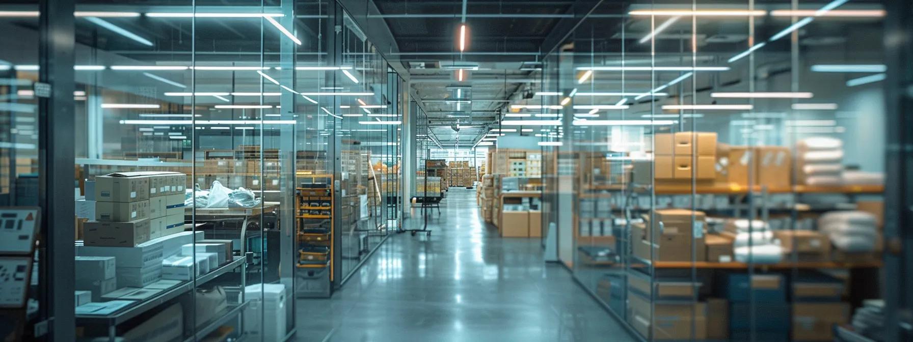 a sleek, modern office environment showcases an organized workspace filled with clear packaging materials labeled for fragile and hazardous items, illuminated by sharp, focused overhead lighting to emphasize the importance of precise handling and compliance in shipping logistics.