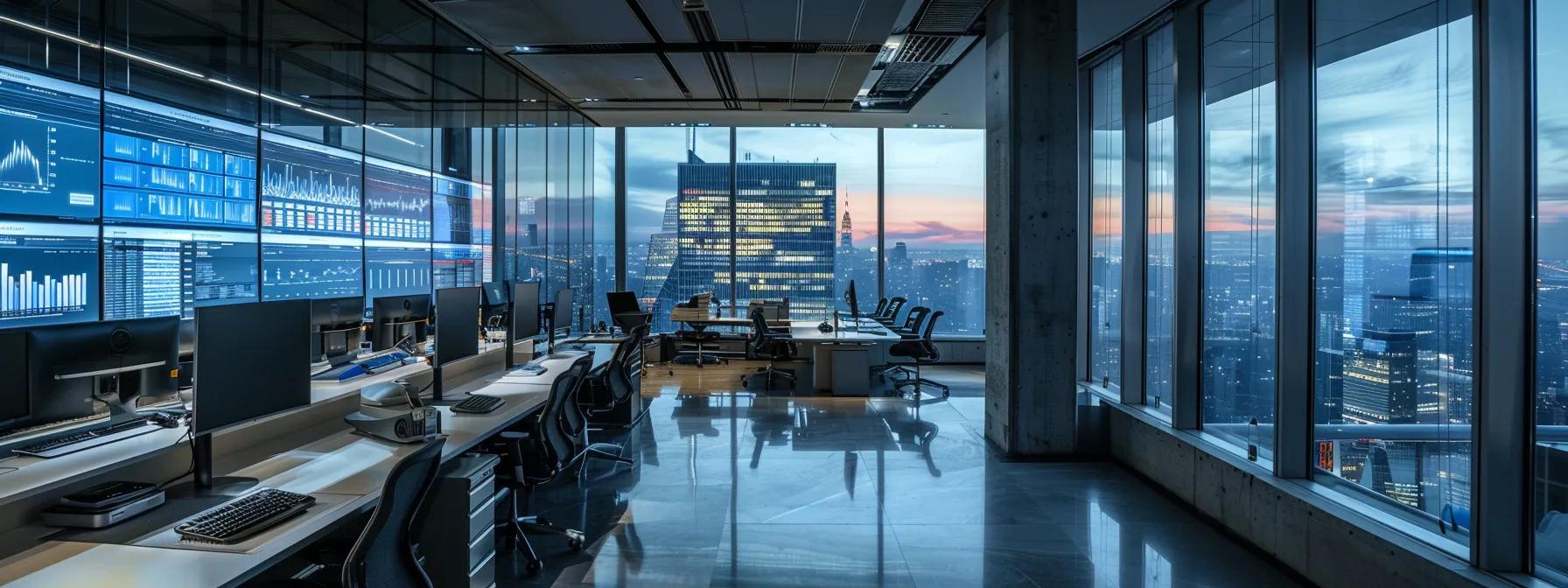 a sleek modern office, illuminated by ambient lighting, showcases multiple screens displaying real-time shipping data and tracking alerts, emphasizing the efficiency and transparency of advanced technology integration for businesses.