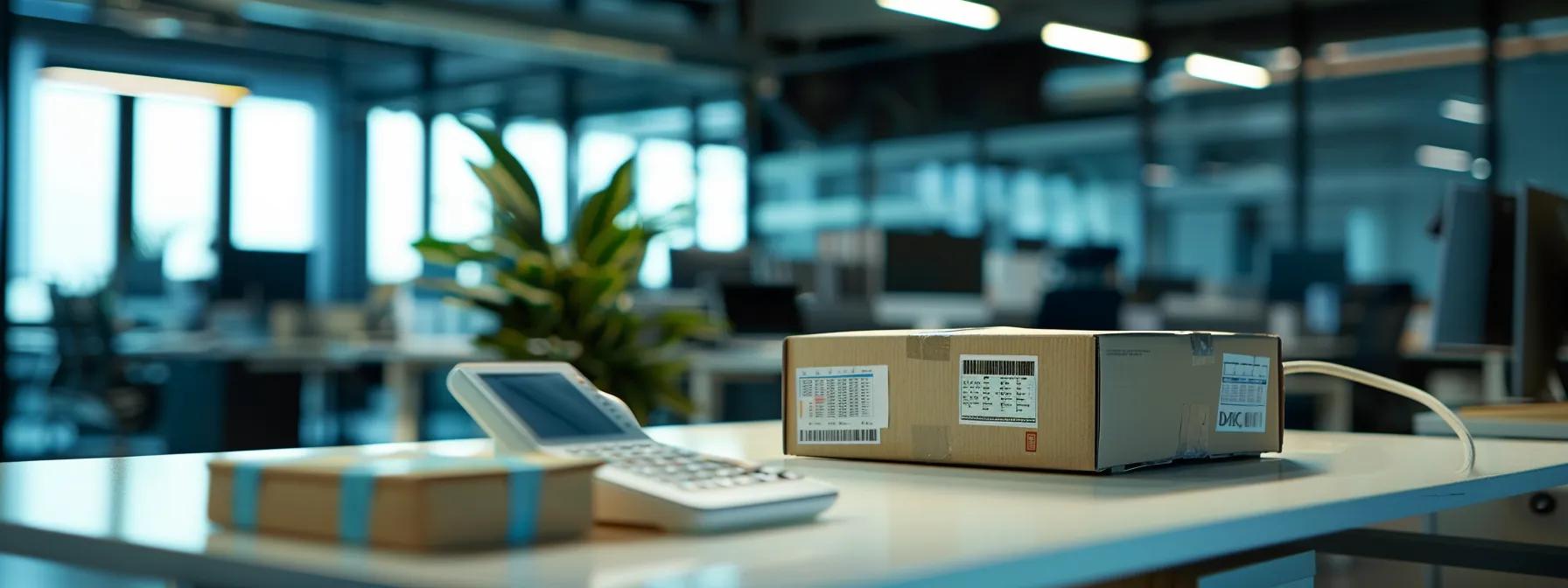 a sleek, modern office setting features a close-up of a digital scale displaying a package with distinct dimensional weight labels beside a vibrant infographic illustrating the impact of weight and size on shipping costs.